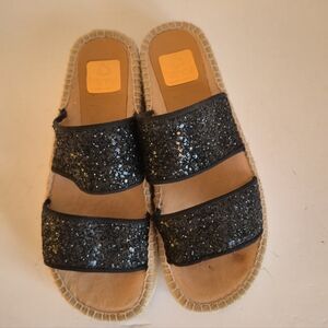 Kanna Black Glitter Espadrille Platform Slides Sz 39